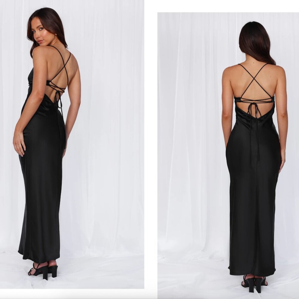 Hello Molly NWT the Samara Black Satin Maxi Dress- Size 6 - Picture 3 of 13